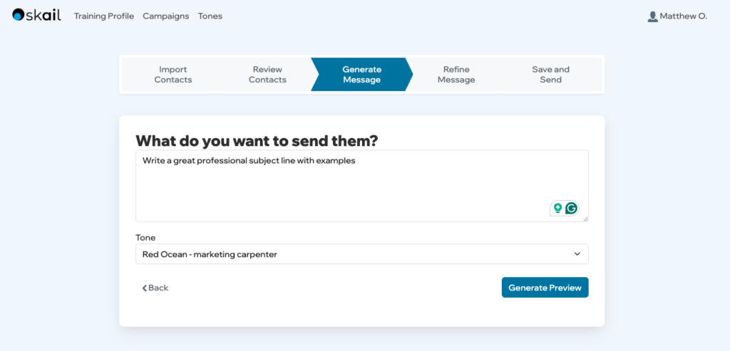 Skail's platform showing the text of professional email subject line examples in the prompt screen to generate emails.